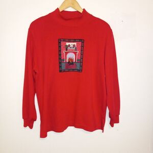 Alfred Dunner Fireplace Scottie Dog Mock Neck Top-Large-Applique-Winter-Slits